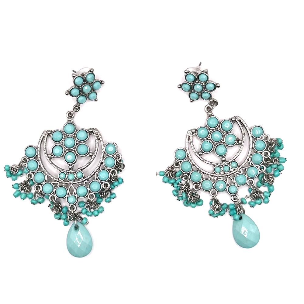 Western Turquoise Floral Dangle Chandelier Pierced Earrings Boho Coastal Cowgirl